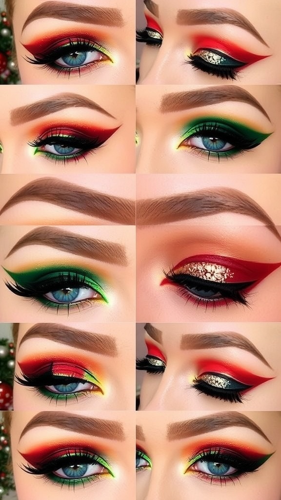 A collection of Christmas eye makeup looks in red, green, gold, and silver, displayed in a festive setting.